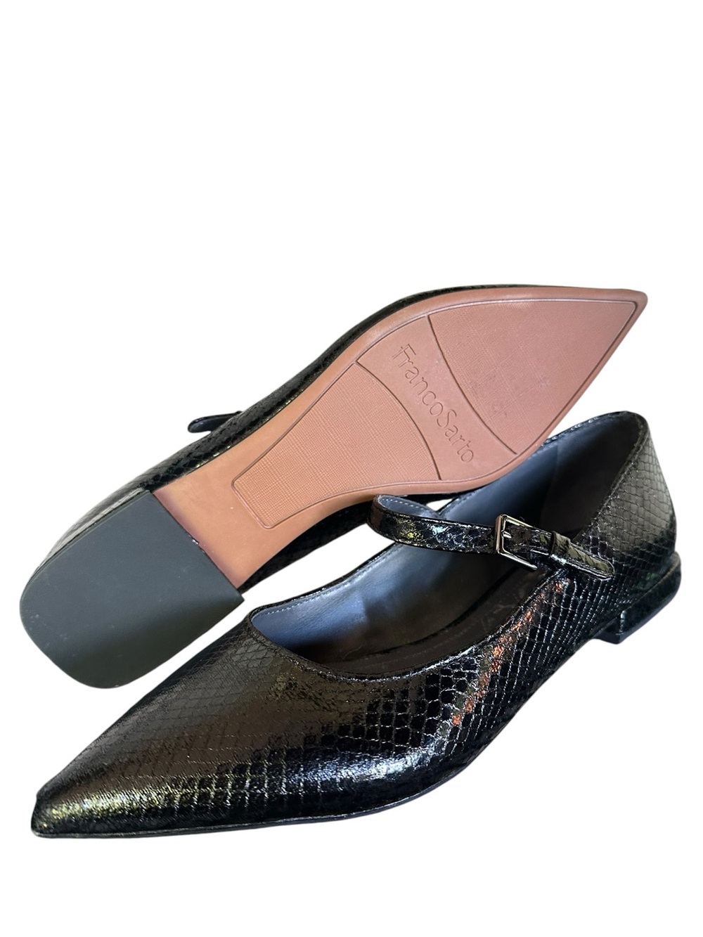FRANCO SARTO Nalin Black Snakeskin Patent Leather Pointed Toe Mary Jane Flats - Picture 10 of 10